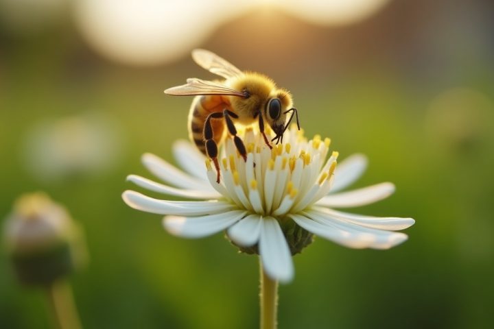 A honey bee foraging on a white clover flower in a mown suburban lawn