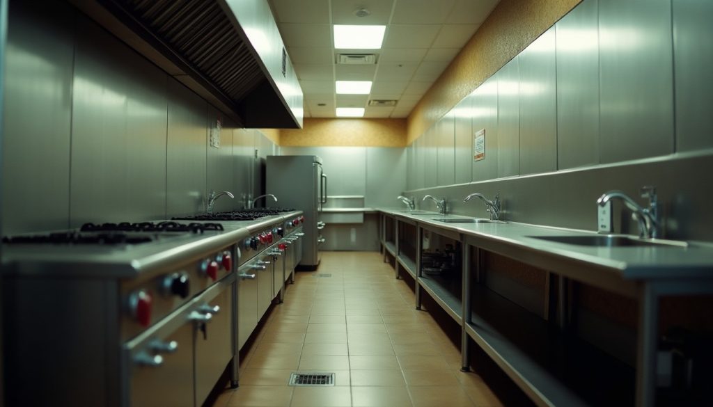 A commercial restaurant kitchen after hours with clean stainless steel prep surfaces and a floor drain