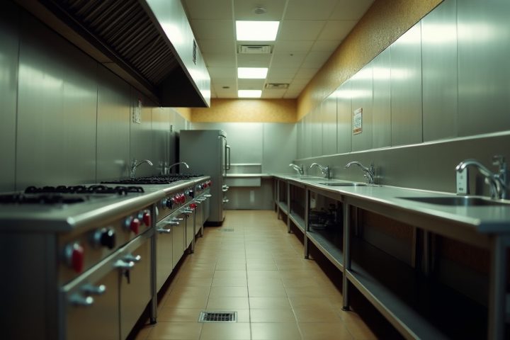 A commercial restaurant kitchen after hours with clean stainless steel prep surfaces and a floor drain