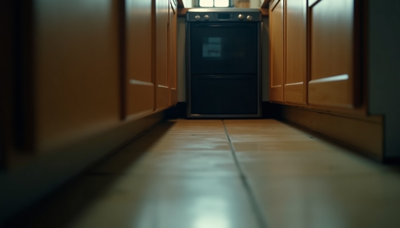 Gap behind a kitchen appliance where it meets the wall and floor, dust along the edge, under a work light