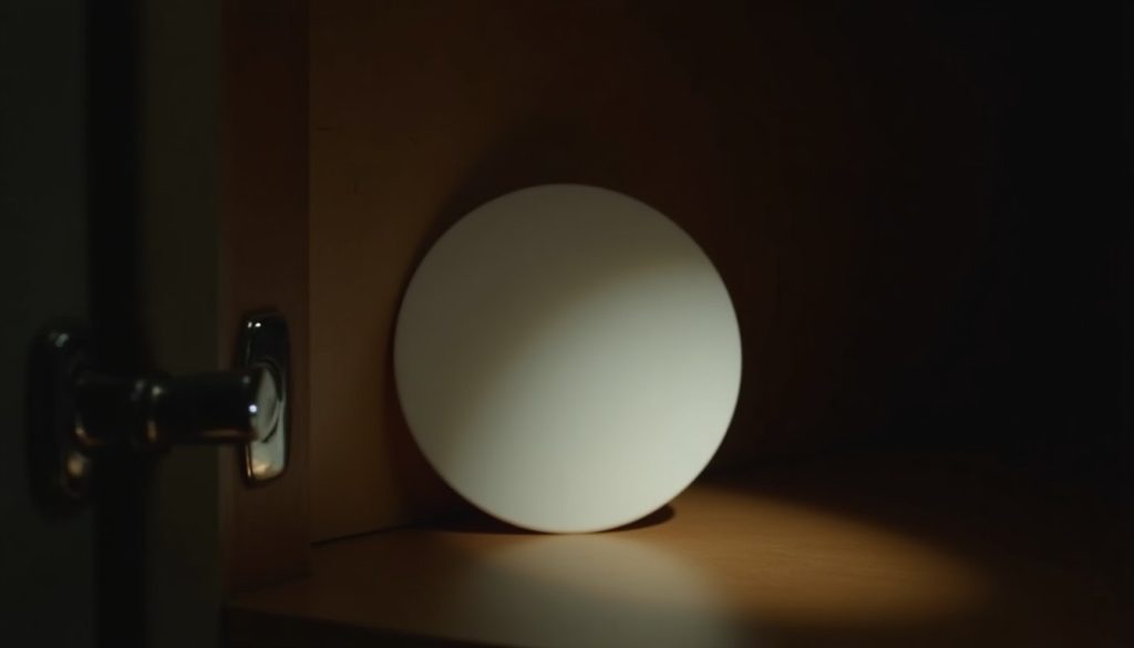 Dark inside corner of a kitchen cabinet with a small plain white bait disc against the back edge