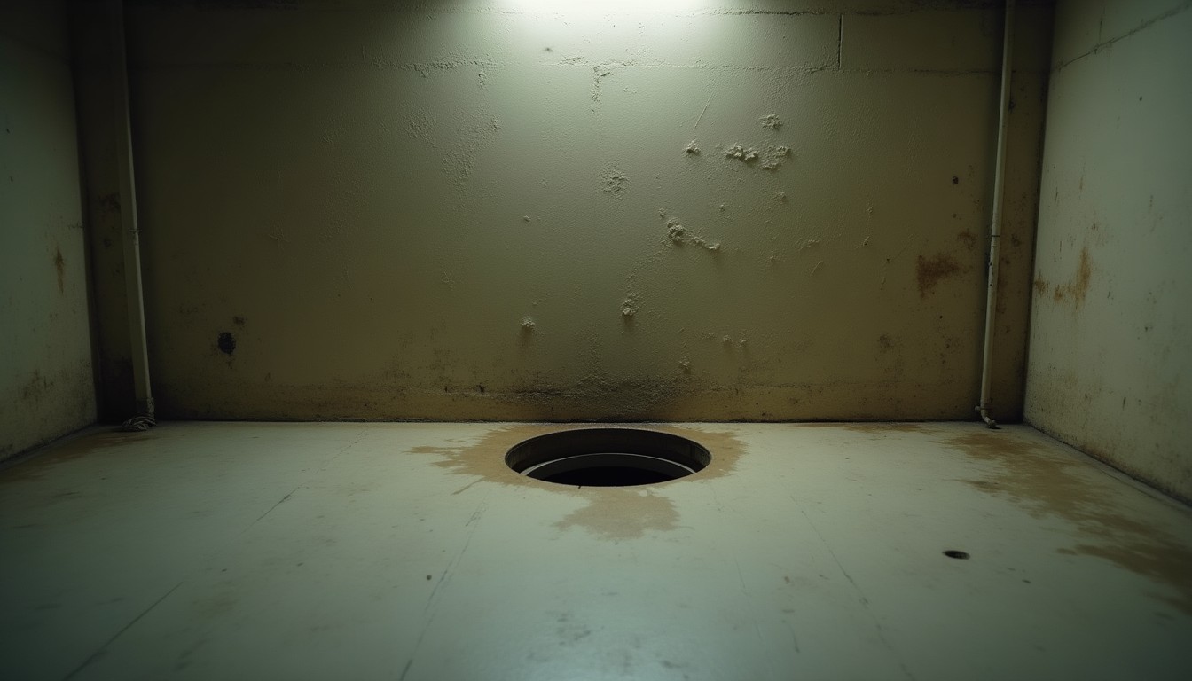 Floor drain and the damp base of a basement wall in a utility area under overhead light