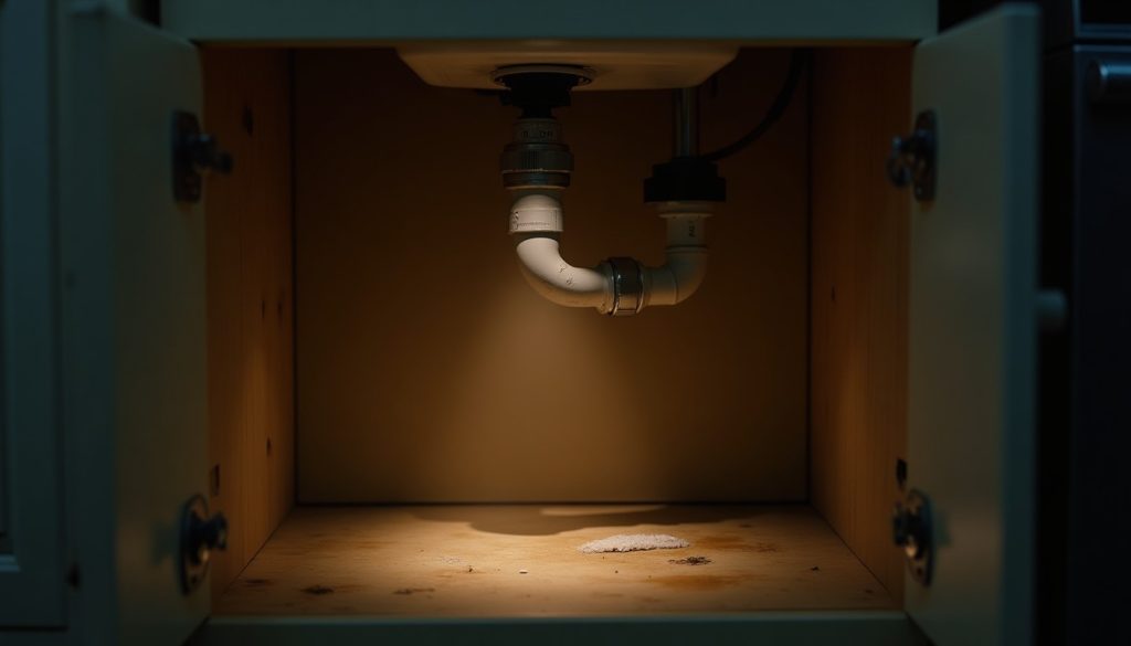 Inside a kitchen cabinet under a sink with pipes and a dark gap lit by a torch beam