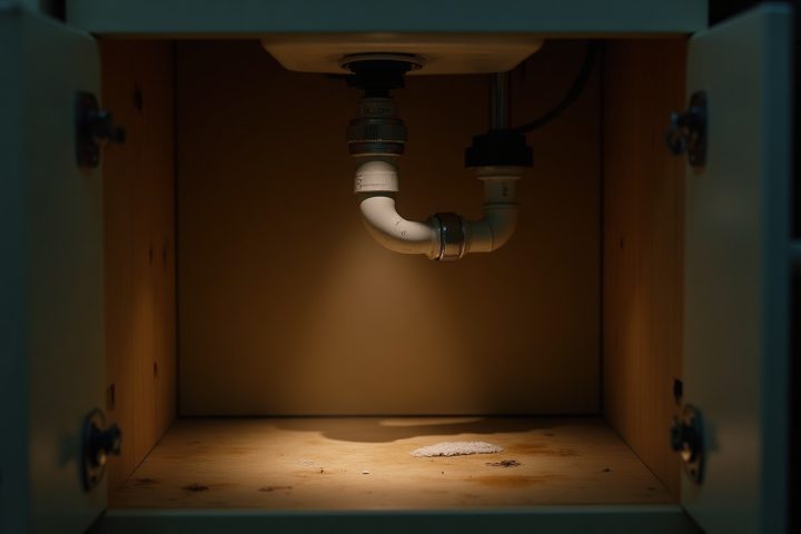Inside a kitchen cabinet under a sink with pipes and a dark gap lit by a torch beam