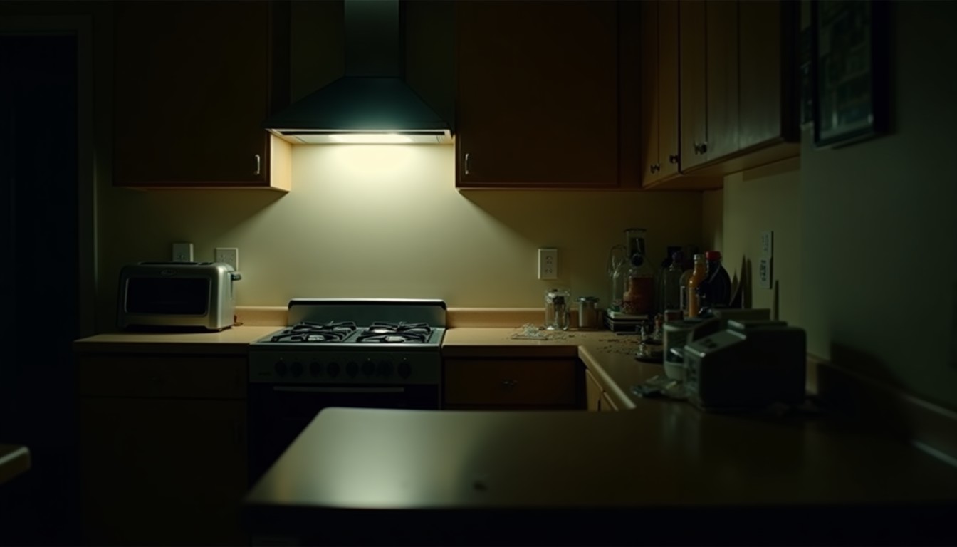 Domestic kitchen at night lit only by a light over the cooker with empty worktops and a few crumbs
