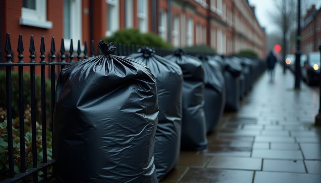 Black rubbish bags piled against an iron railing on a wet city pavement at dusk