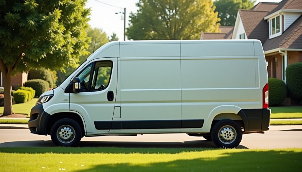 Plain white service van parked on a green suburban street on a summer morning