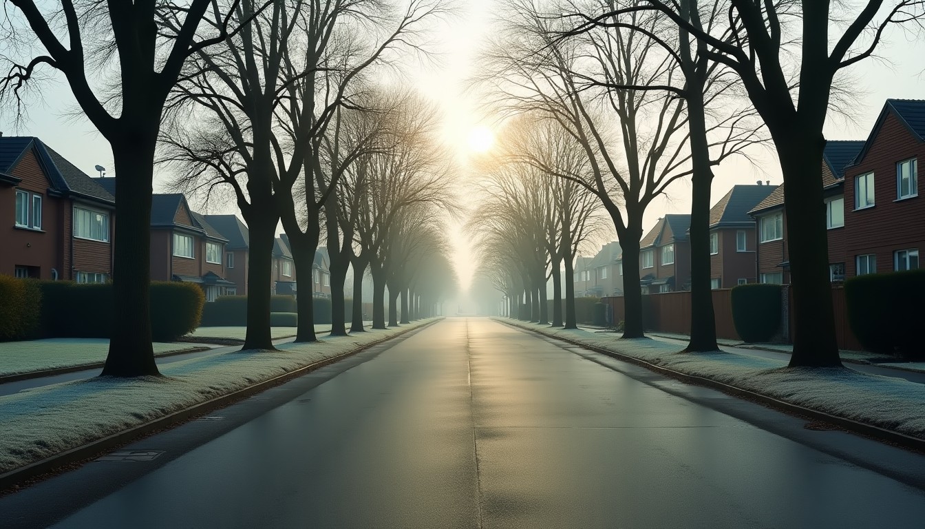 Quiet residential street in winter with bare trees and low grey light