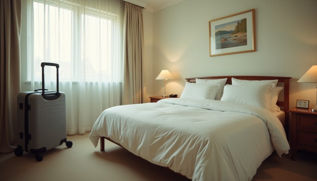 Made bed in a vacation rental bedroom with a suitcase standing beside it