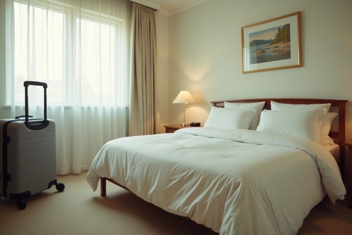 Made bed in a vacation rental bedroom with a suitcase standing beside it