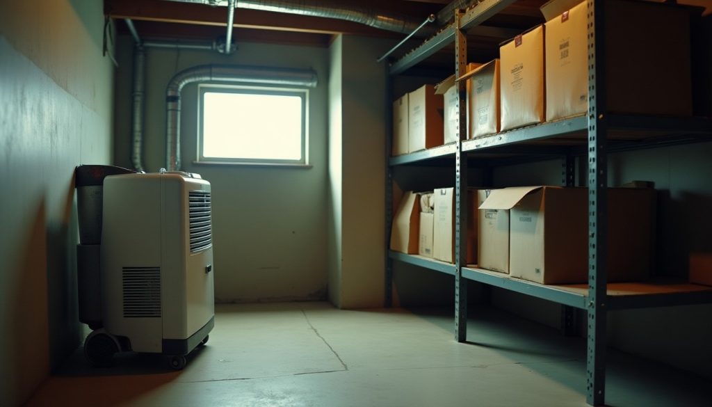 Damp basement corner with a dehumidifier and storage boxes, conditions that attract silverfish and centipedes