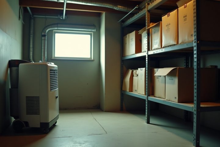 Damp basement corner with a dehumidifier and storage boxes, conditions that attract silverfish and centipedes