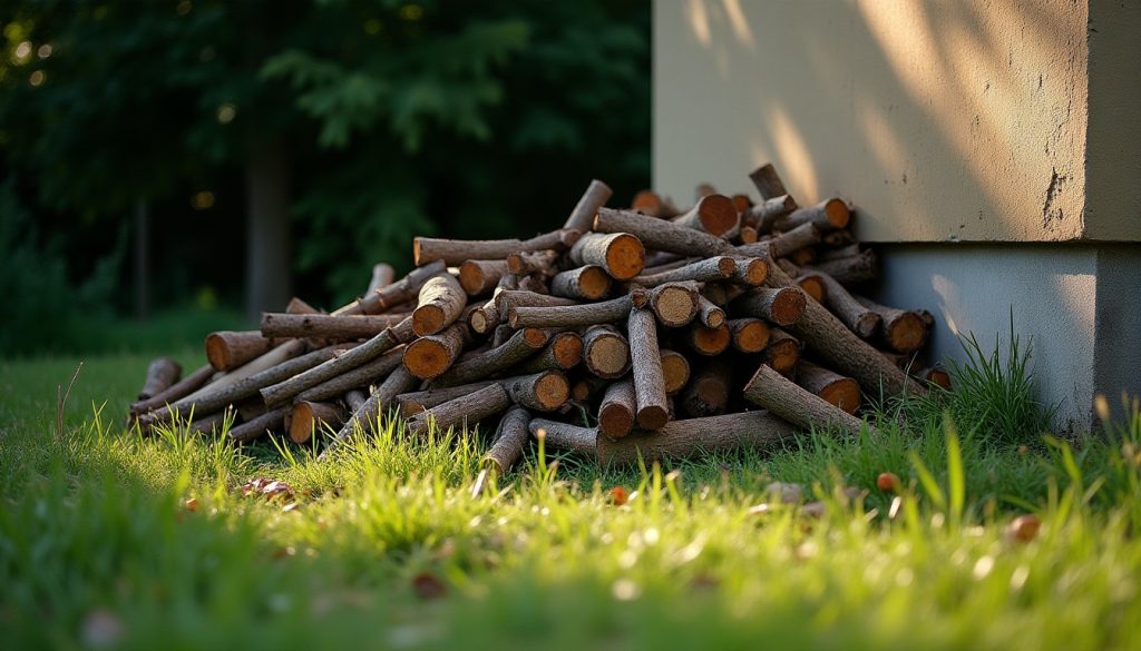 A wood pile and long grass against a house foundation, the harbourage conditions that attract snakes