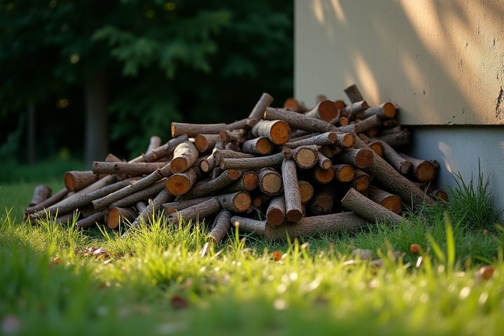 A wood pile and long grass against a house foundation, the harbourage conditions that attract snakes