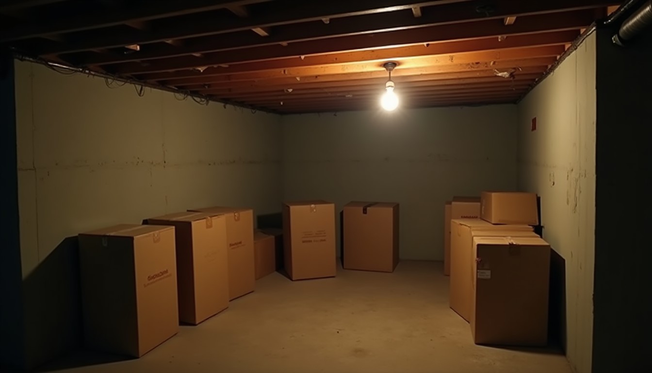 Unfinished basement corner with exposed joists, cardboard storage boxes and a single bare bulb