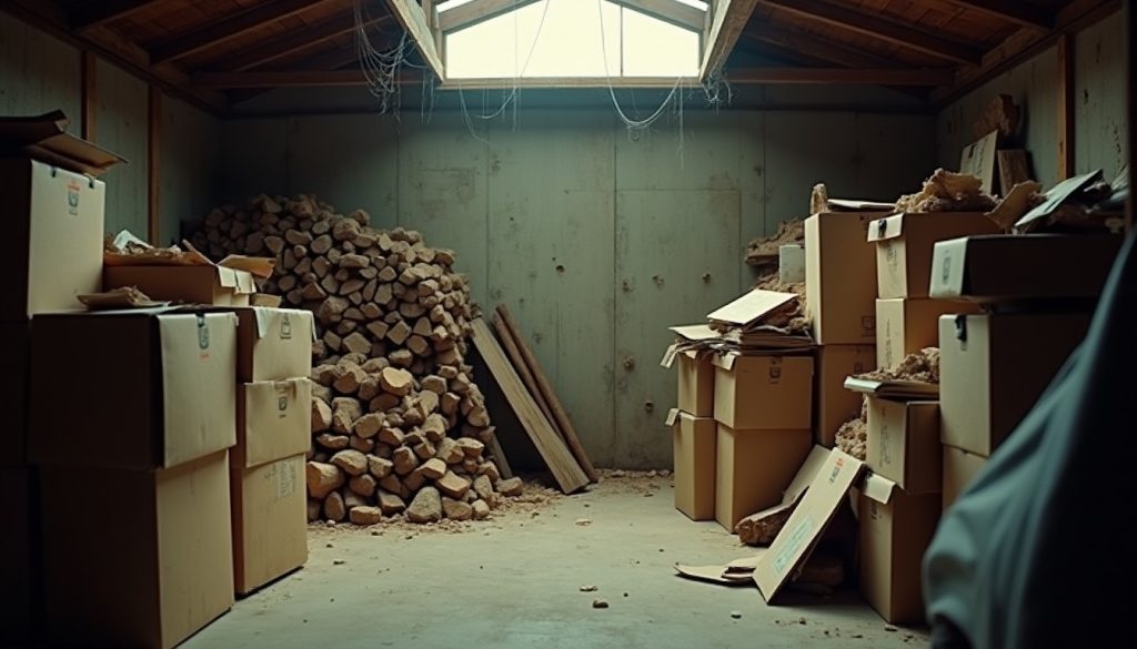 Cluttered garage corner with cardboard boxes, stacked firewood and cobwebs in the roof angle