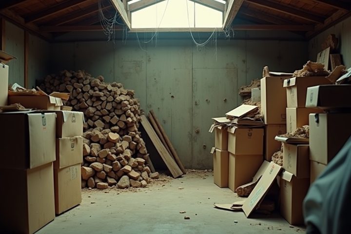 Cluttered garage corner with cardboard boxes, stacked firewood and cobwebs in the roof angle