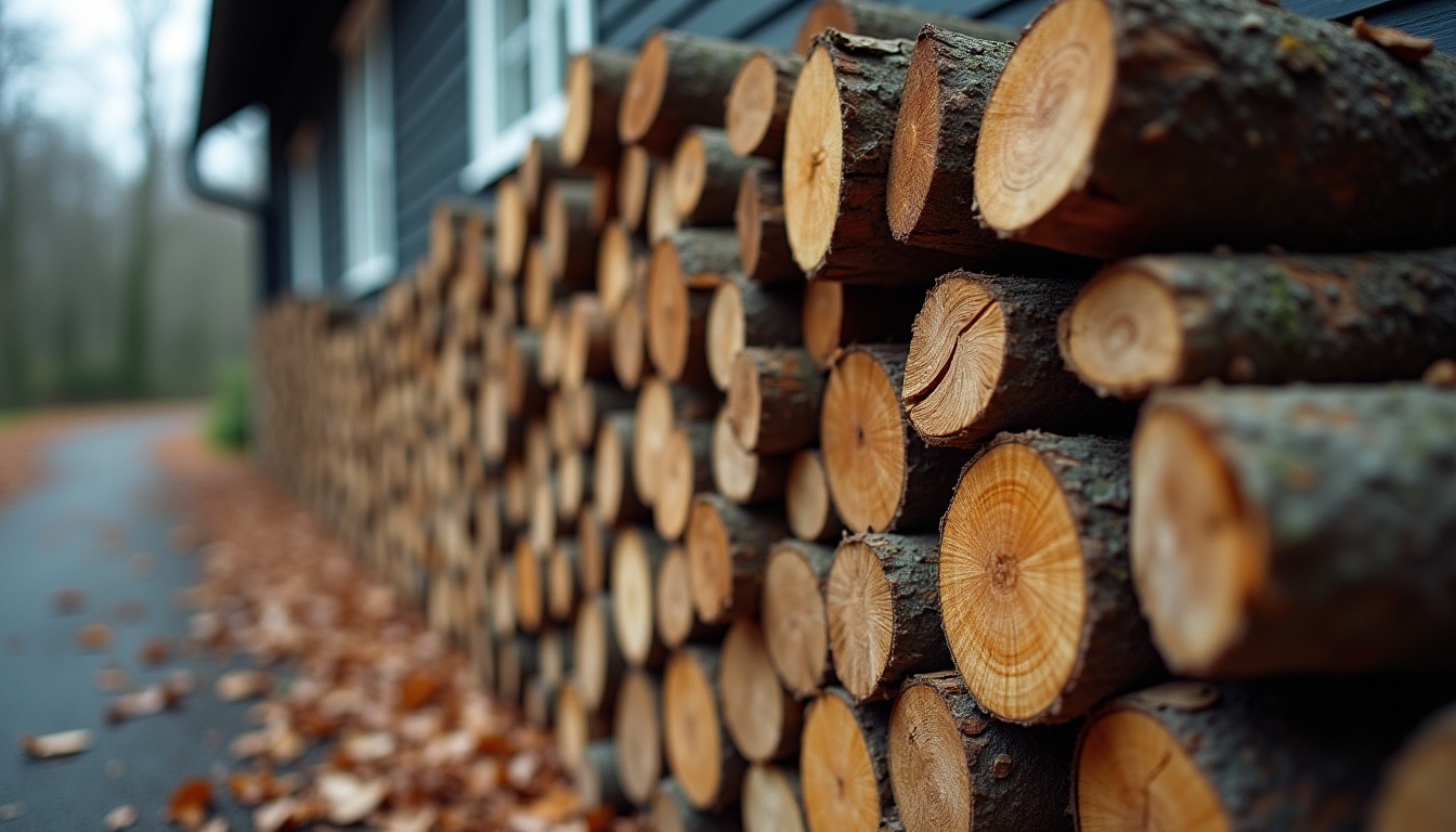 Stacked woodpile against the exterior wall of a house with leaf litter at its base
