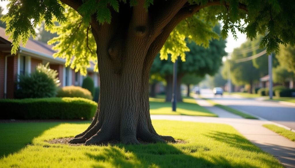 Large mature tree shading a front lawn on a quiet suburban street in late summer
