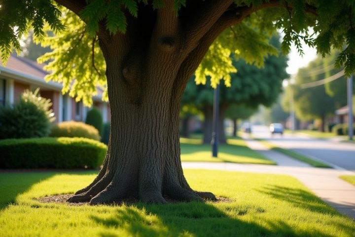 Large mature tree shading a front lawn on a quiet suburban street in late summer