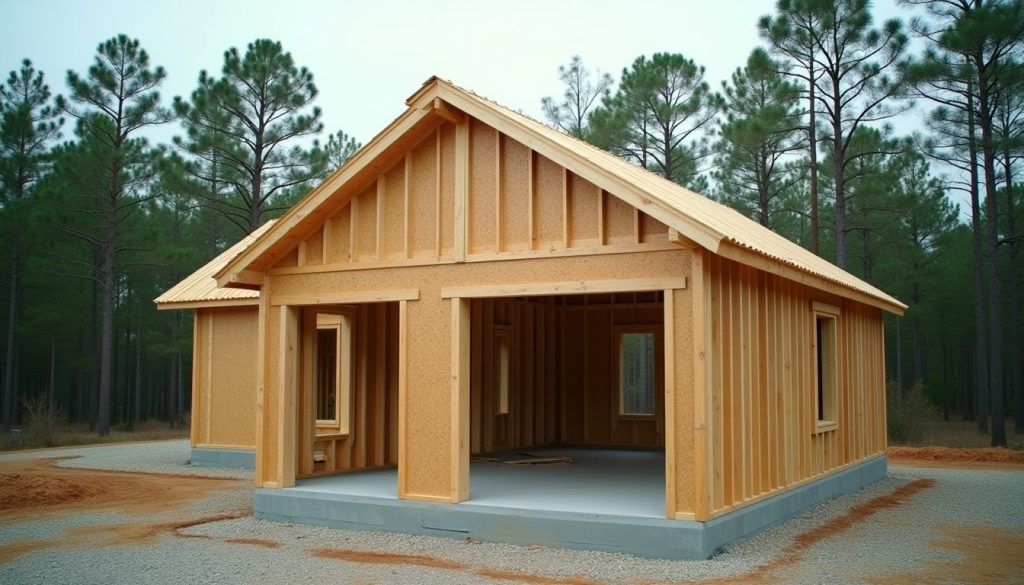 Timber-framed house under construction on a concrete slab with pine trees behind
