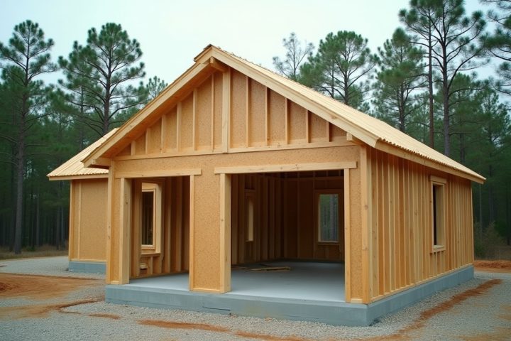 Timber-framed house under construction on a concrete slab with pine trees behind