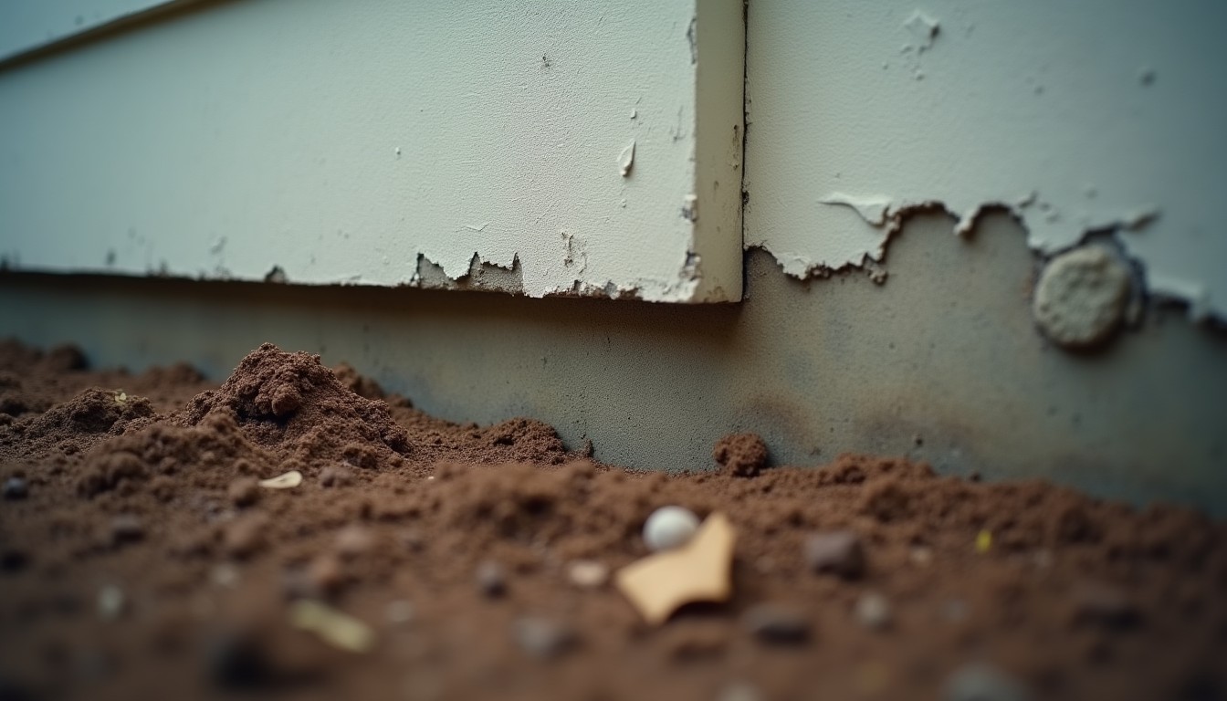 Base of a house foundation wall where concrete meets soil and mulch