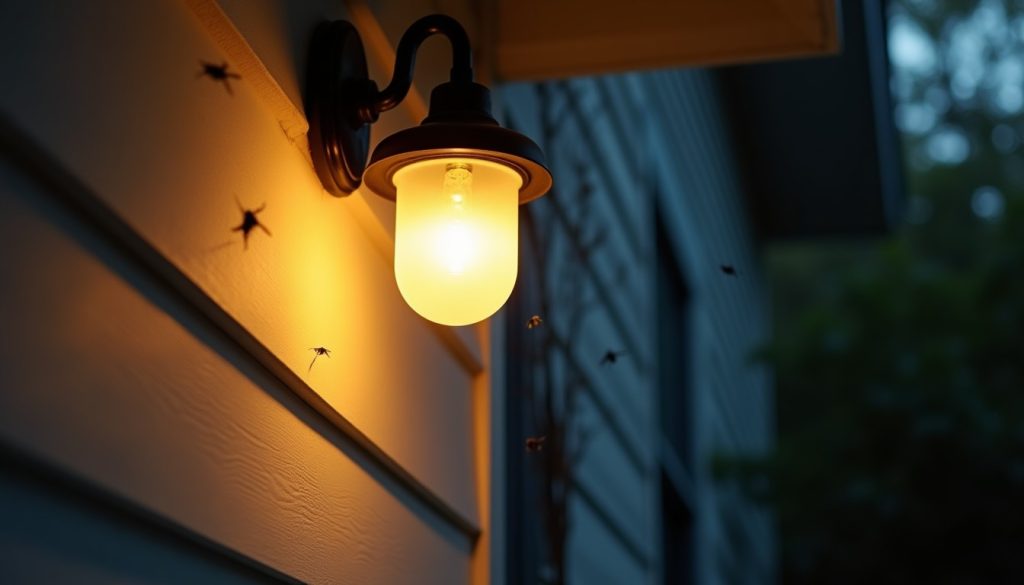 Porch light glowing at dusk against a house wall with small flying insects circling it