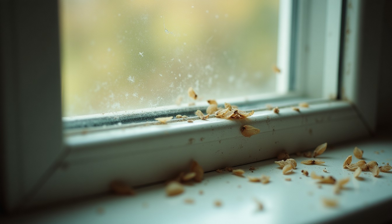 Window sill in daylight with a scatter of small translucent insect wings collected along it