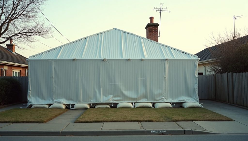 Suburban house covered by a fumigation tarpaulin secured with sandbags during termite tenting