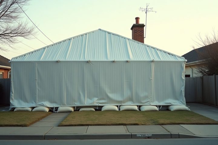 Suburban house covered by a fumigation tarpaulin secured with sandbags during termite tenting