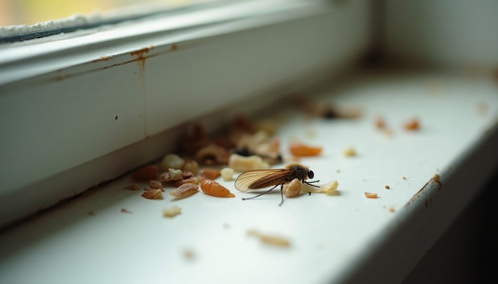 Discarded insect wings and debris on a painted windowsill, the diagnostic sign of a termite swarm