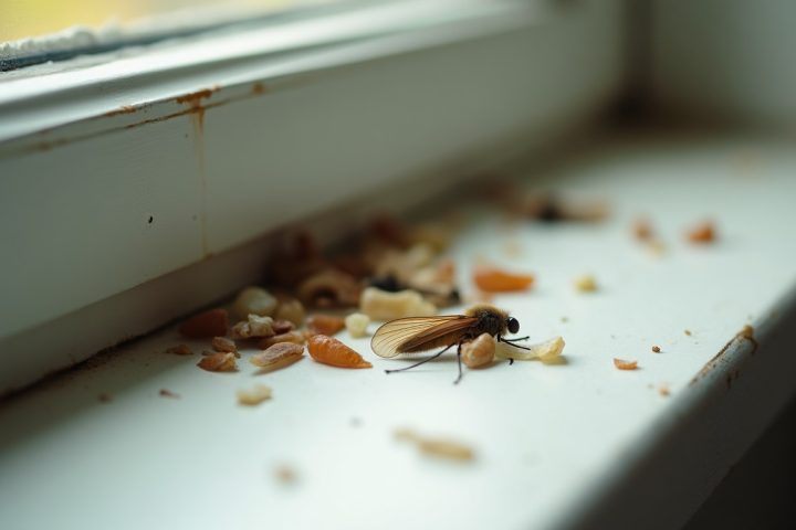 Discarded insect wings and debris on a painted windowsill, the diagnostic sign of a termite swarm