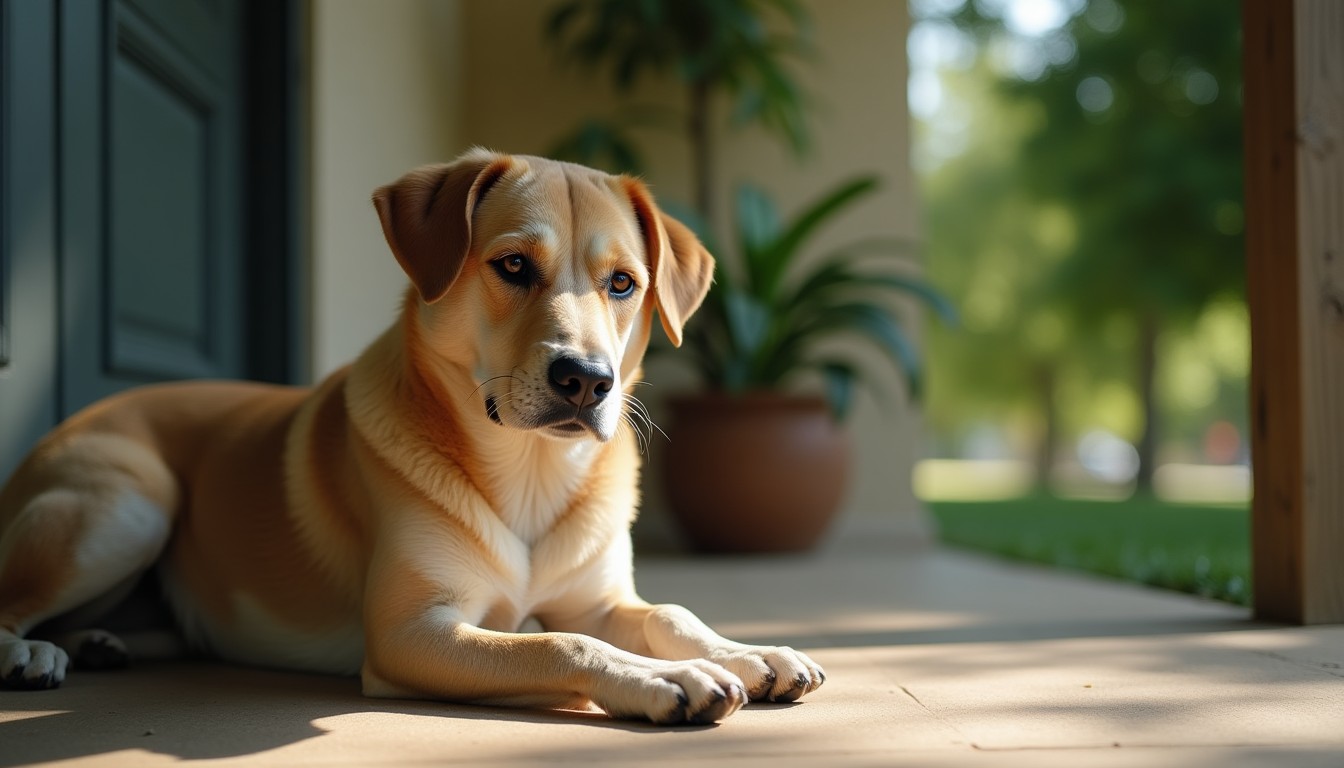Short-haired dog lying on a porch in the shade after a walk on a summer afternoon