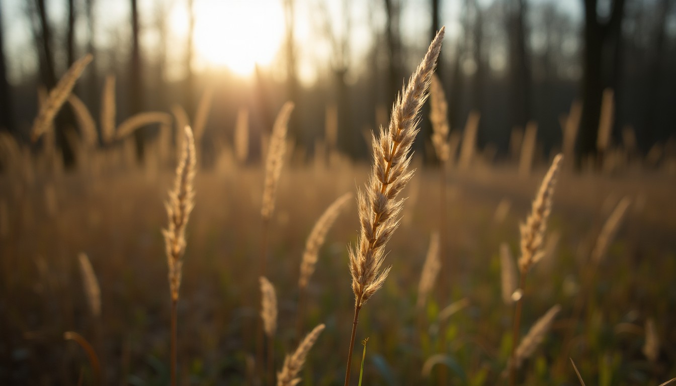 Tall seeding grass and low brush at the edge of woodland in late spring, backlit by afternoon sun