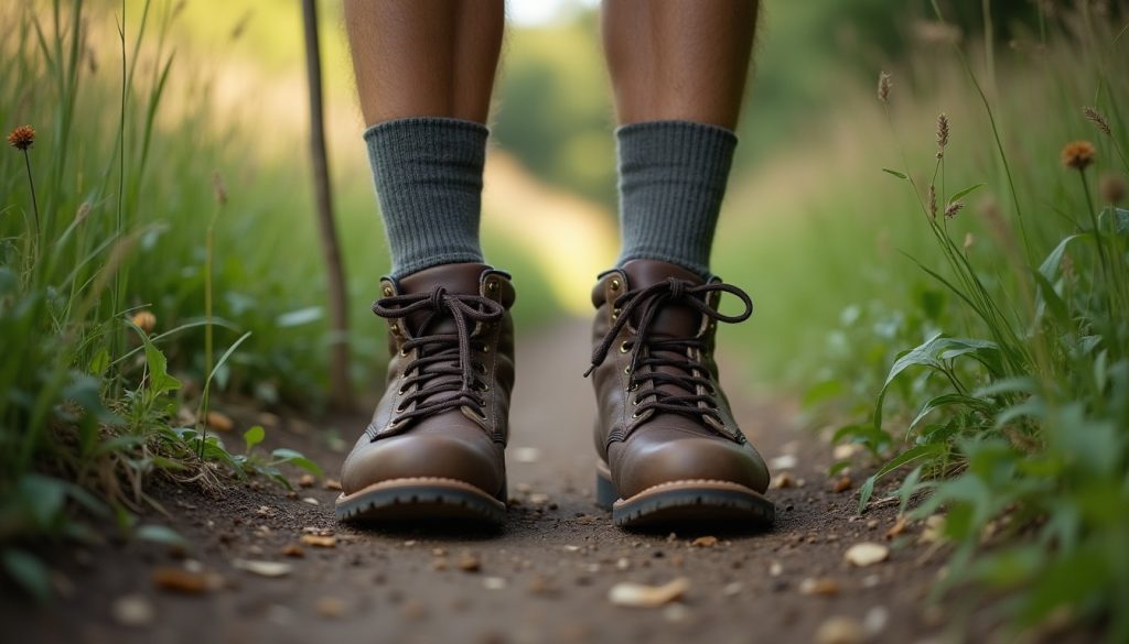 Hiking boots and socks on a trail where mown path meets tall grass and brush