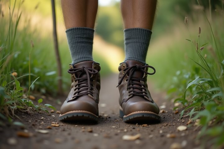 Hiking boots and socks on a trail where mown path meets tall grass and brush