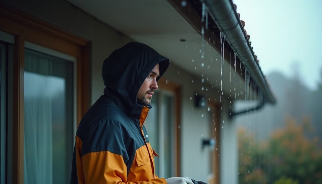 Pest control technician in a rain jacket treating under house eaves on a wet overcast day