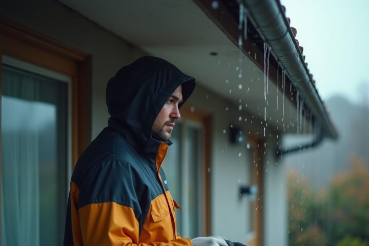 Pest control technician in a rain jacket treating under house eaves on a wet overcast day