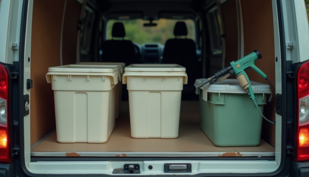 Open rear of a pest control service van showing stowed containers, a duster and a bait applicator gun