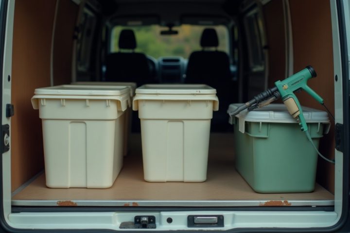 Open rear of a pest control service van showing stowed containers, a duster and a bait applicator gun