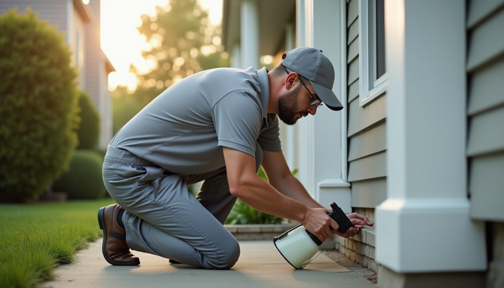 Pest control technician in ordinary work clothes inspecting the base of an exterior wall on a routine service call