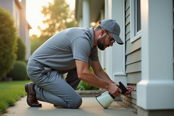Pest control technician in ordinary work clothes inspecting the base of an exterior wall on a routine service call
