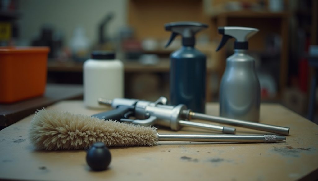 Professional pest control application equipment on a workbench including a duster, bait gun and sprayers