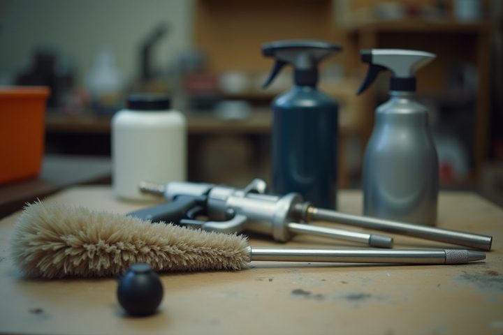 Professional pest control application equipment on a workbench including a duster, bait gun and sprayers