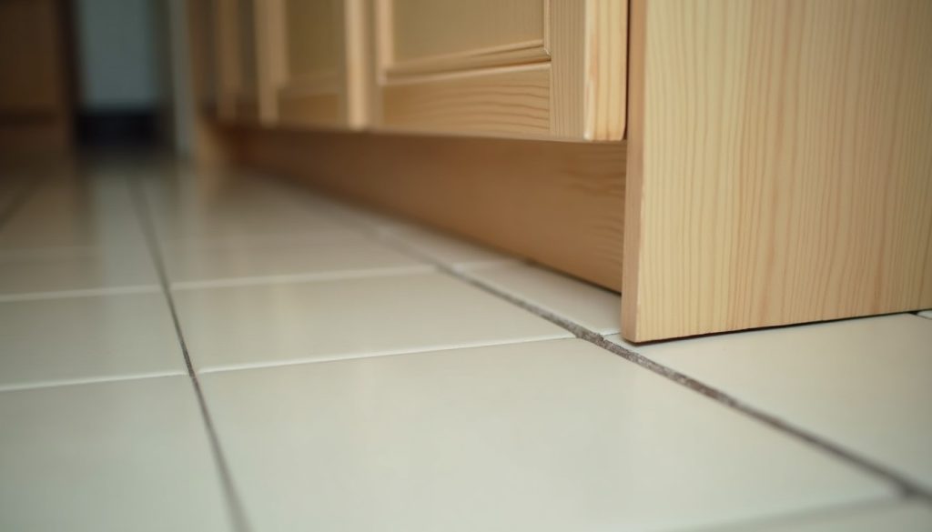 A narrow gap where a kitchen base cabinet meets the floor, the kind of opening mice use to enter