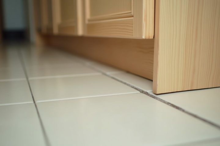 A narrow gap where a kitchen base cabinet meets the floor, the kind of opening mice use to enter