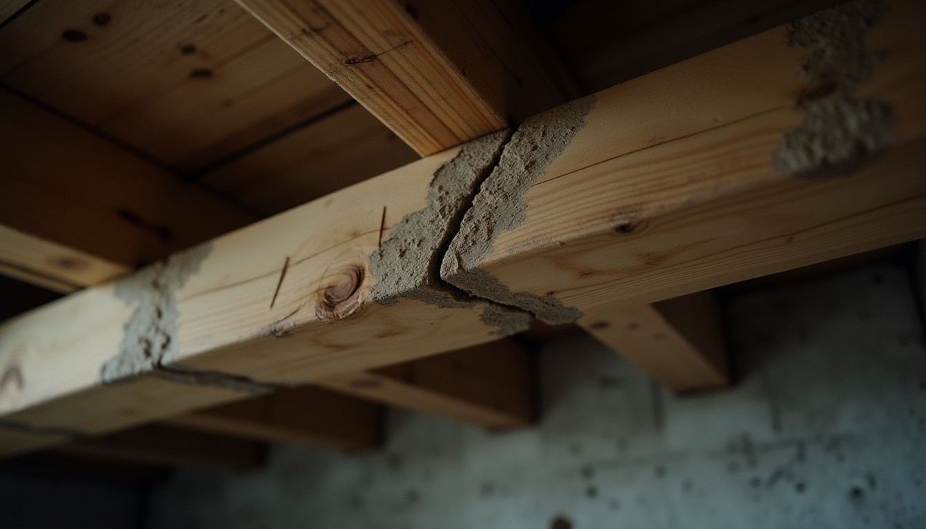 Weathered timber beam in a basement with visible cracking and an area of soft discoloured wood