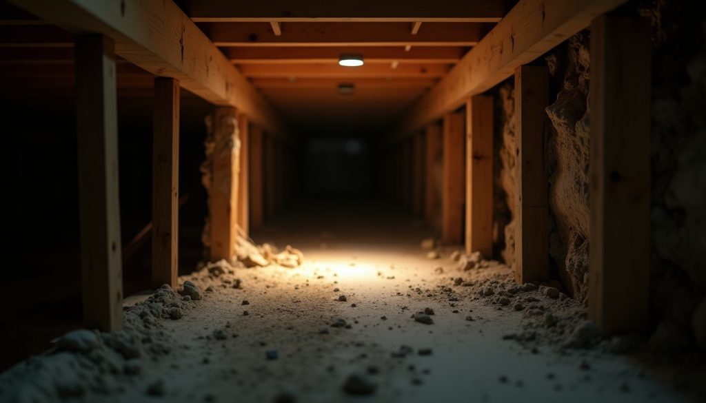 Exposed timber floor joist and subfloor seen from a crawl space under torchlight