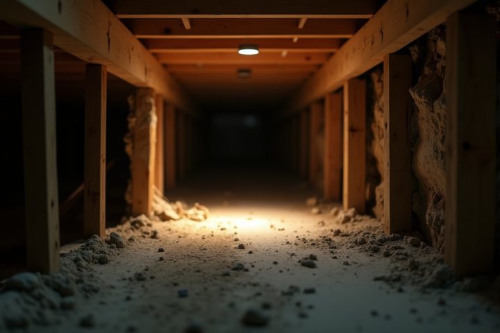 Exposed timber floor joist and subfloor seen from a crawl space under torchlight